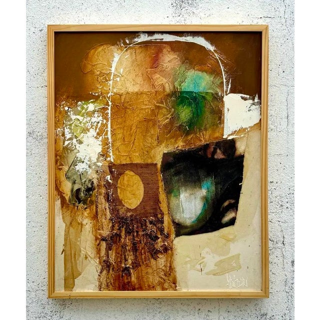 Abstract Vintage Boho Abstract Painting in Wooden Frame For Sale - Image 3 of 9