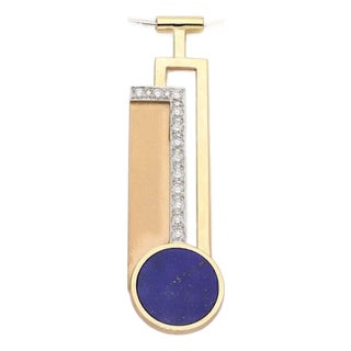 Mid 20th Century Diamond Lapis 18k Yellow & White Gold Fancy Long Pendant & Cable Necklace For Sale