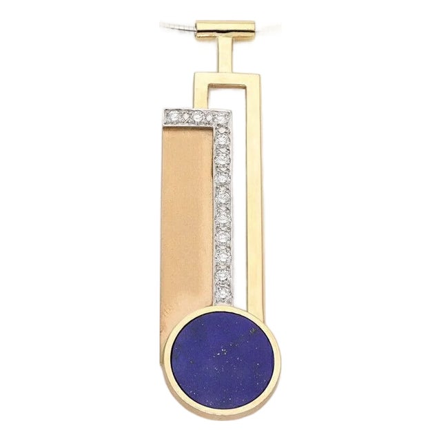 Mid 20th Century Diamond Lapis 18k Yellow & White Gold Fancy Long Pendant & Cable Necklace For Sale