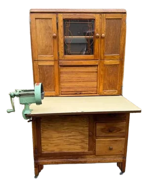 Antique Early 20th Century Farmhouse Kitchen Hoosier Oak Wood Pantry Cabinet or Cupboard With Pie Safe and Flour Sifter for Decor.
