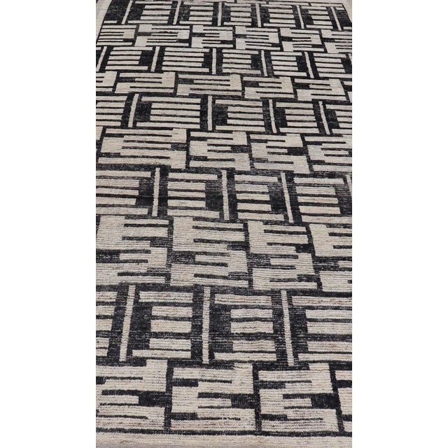 Abstract Sub-Geometric Afghan Abstract All-Over Modern Design in Ebony and Ivory 6'7 X 13'0 For Sale - Image 3 of 11