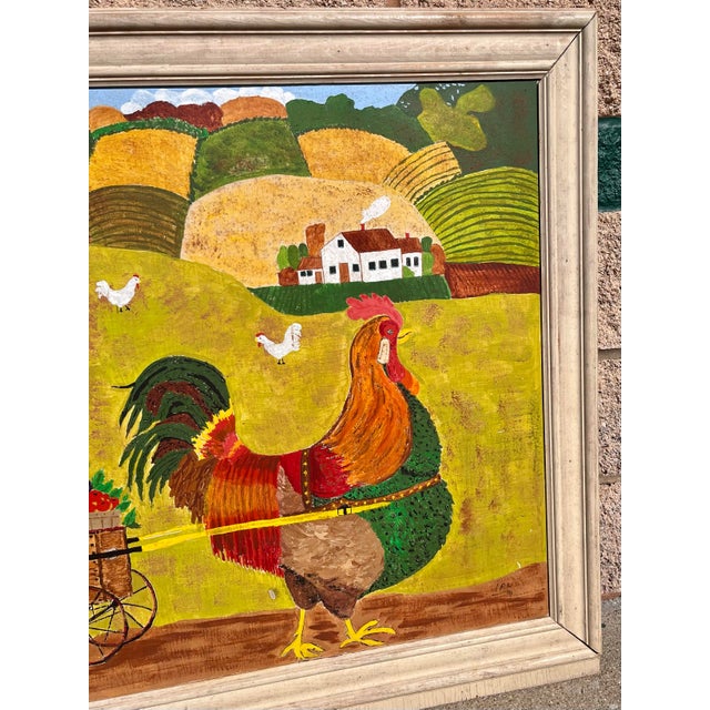 Large Farm Scene Folk Art Painting on Wood Board For Sale - Image 4 of 7