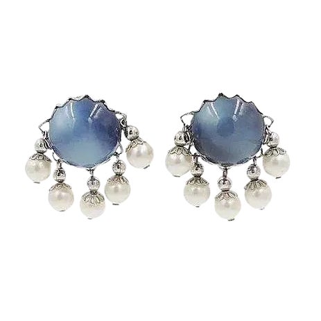 Vintage 1950s Signed Napier Blue Moonglow Faux-Pearl Clip Earrings - 2 Pieces For Sale