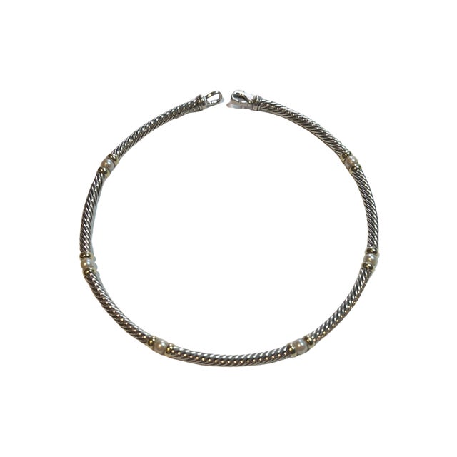 1990s David Yurman Authentic Estate Pearl Necklace 17" + Bracelet Set 7.5" Silver + 14k Gold, 2 Pieces For Sale - Image 11 of 16