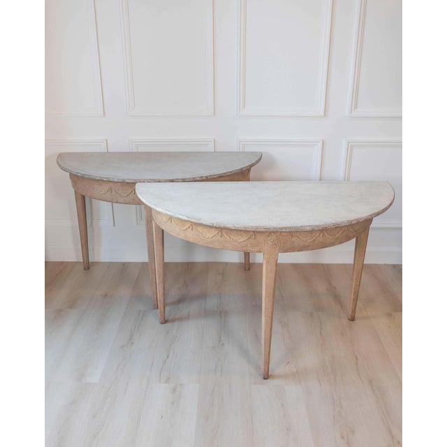Pair of Swedish Gustavian Demi-Lune Console Tables in Oak, circa 1840–1860 For Sale - Image 9 of 11