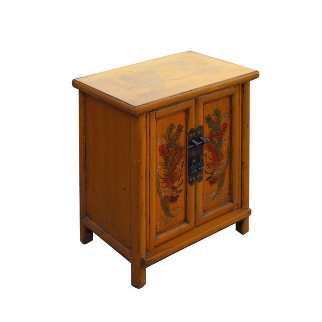Chinese Oriental Distressed Orange Yellow Phoenix Flower End Table Nightstand For Sale - Image 3 of 7