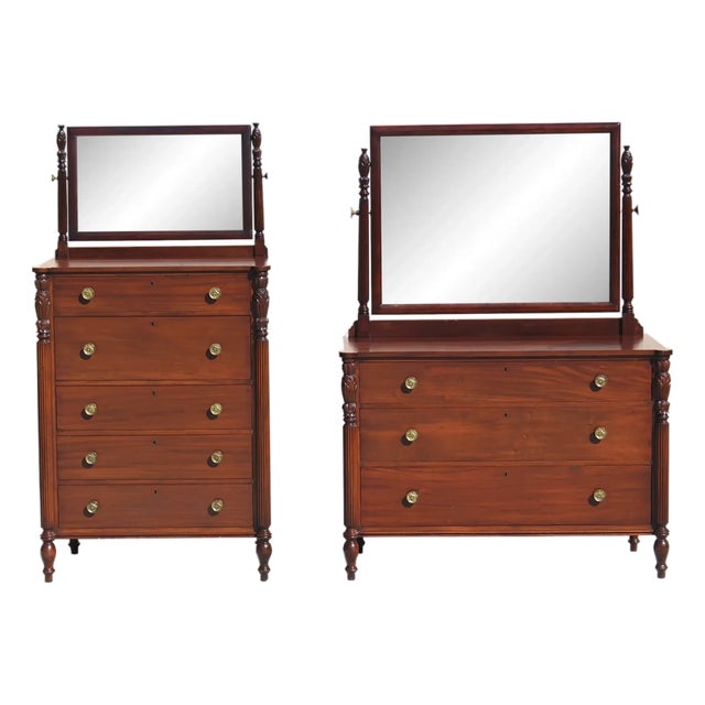 Antique Mahogany Dresser Set With Swivel Mirrors - Circa 1880 Victorian Bedroom Furniture For Sale