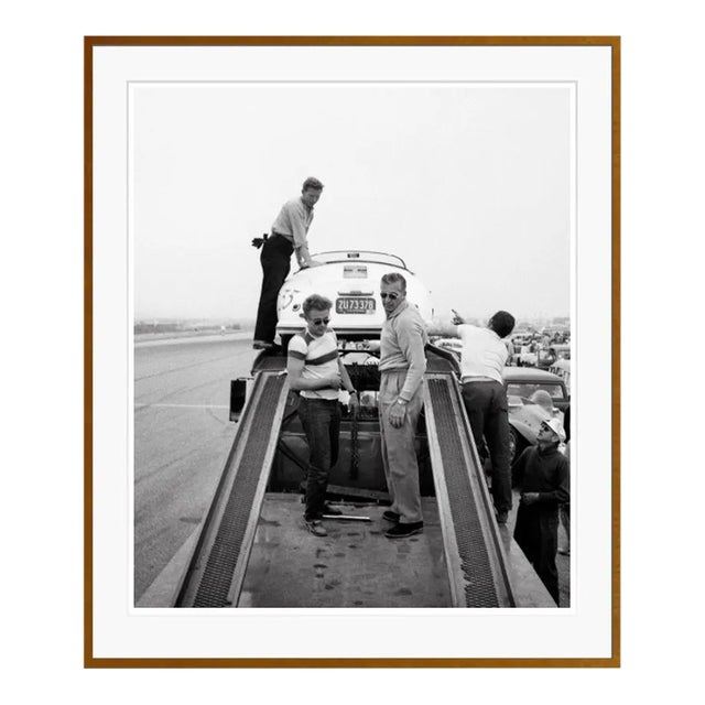 James Dean Standing With Porsche at Car Rally Brown Framed Archival Pigment Print For Sale