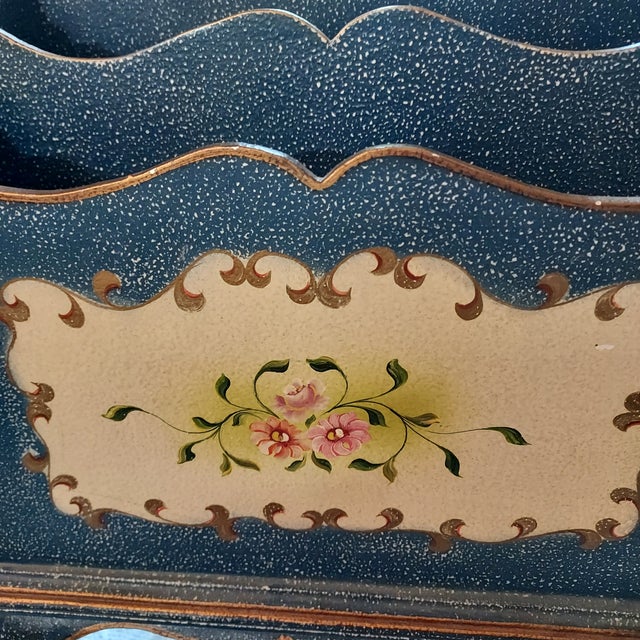 Cornflower Blue Hand Painted Floral Gilded Wood Magazine Rack Vintage Speckled Finish Handle 26" H 14" W For Sale - Image 8 of 16