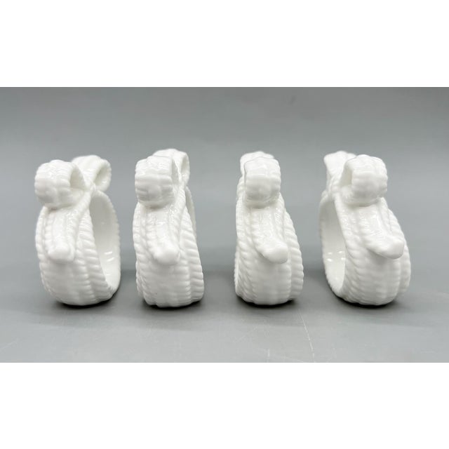 Hollywood Regency Vintage White Ceramic Bow Napkin Rings — Coastal / Traditional / Hollywood Regency - Set of 4 For Sale - Image 3 of 9