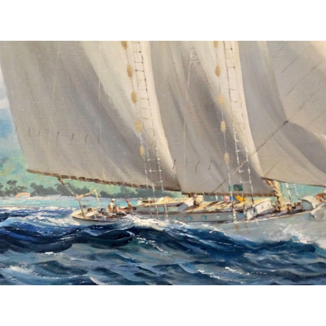 Textile Yacht Oil Painting Sailing Off Bora Bora Louis Macouillard 1913-1987 Gilt Frame For Sale - Image 7 of 15