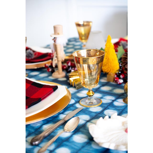 This listing is for a pair of vintage opalescent amber glass goblets with 24k greek key gold rim. Holds 10 ounces.