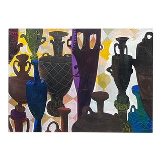 Vintage Boho Urns Original Oil Painting on Canvas For Sale