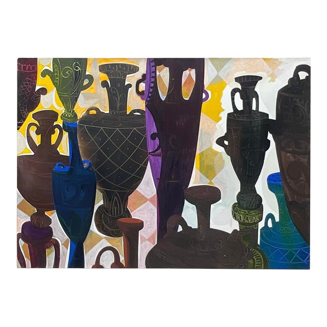 Vintage Boho Urns Original Oil Painting on Canvas For Sale