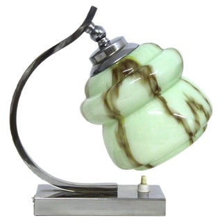 Chrome-Plated Brass and Marbled Opal Glass Table Lamps, 1930s, Set of 2 For Sale