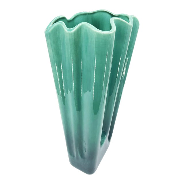 Large Mid-Century Seafoam Green Wavey Vase For Sale