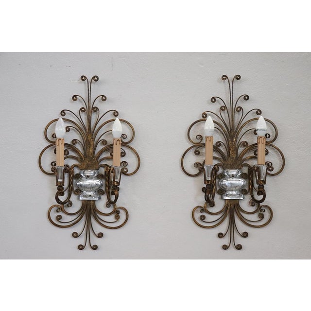 Gilded Iron and Crystal Sconces from Maison Baguès, 1950s, Set of 2 For Sale - Image 17 of 18