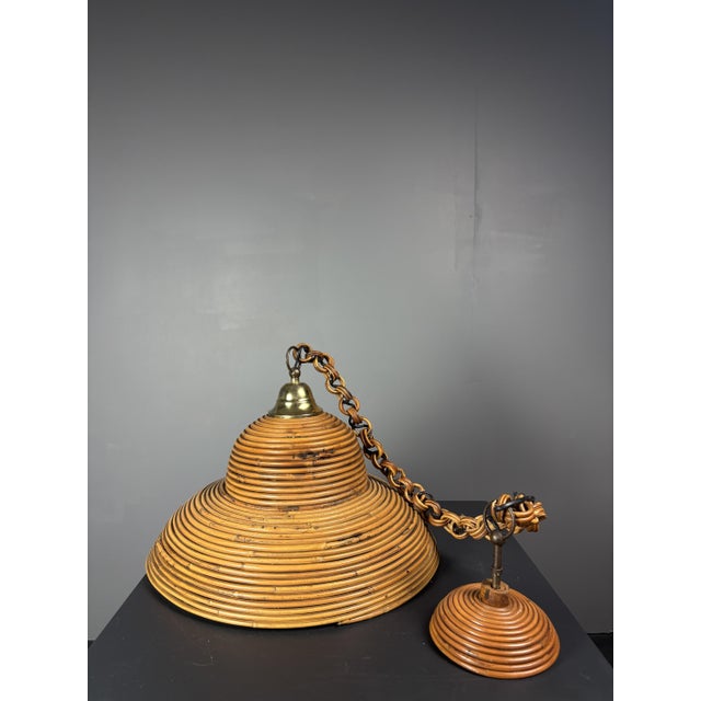 Mid-Century Italian Pencil Reed Rattan Bamboo and Brass Pendant Lamp, 1970s For Sale - Image 4 of 17