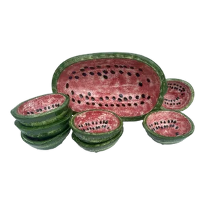Vintage Handmade Ceramic Watermelon Serving Set- 8 Pieces