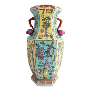 Antique Chinese Porcelain Hexagonal Vase, Famille Juane "Hundred Treasures" Rare For Sale