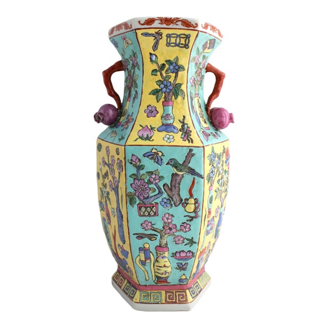 Antique Chinese Porcelain Hexagonal Vase, Famille Juane "Hundred Treasures" Rare For Sale