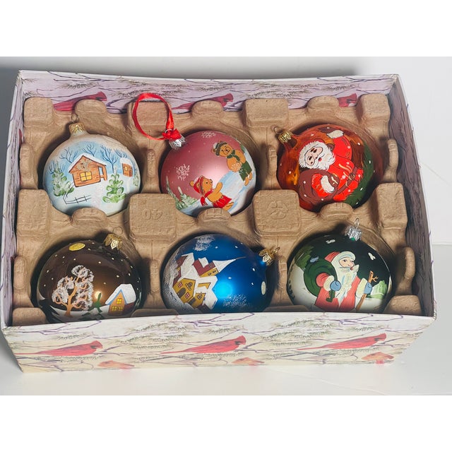 Gorgeous vintage handmade unique boem glass silvered and painted with Holiday winter scenes. In a beautiful red cardinals...
