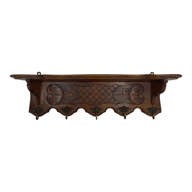 Antique French Oak Wall Shelf Coat and Hat Rack For Sale