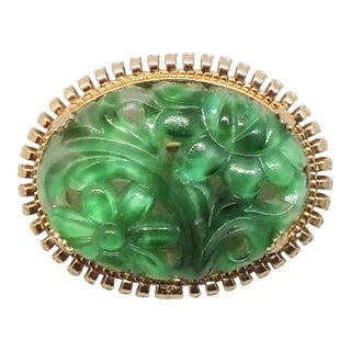 Vintage 1965 Signed Napier Oval Carved Faux-Jade Brooch For Sale