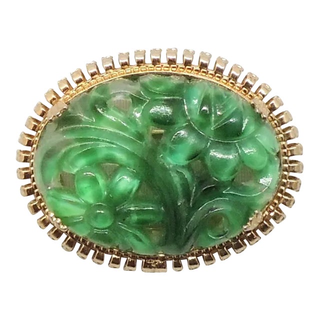 Vintage 1965 Signed Napier Oval Carved Faux-Jade Brooch For Sale