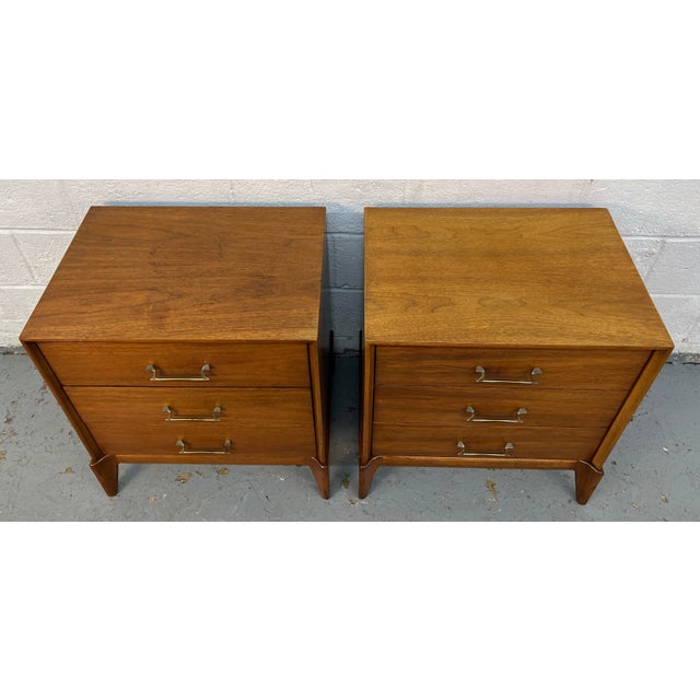 Mid-Century Modern Three Drawer Walnut Nightstands, A Pair For Sale - Image 4 of 14