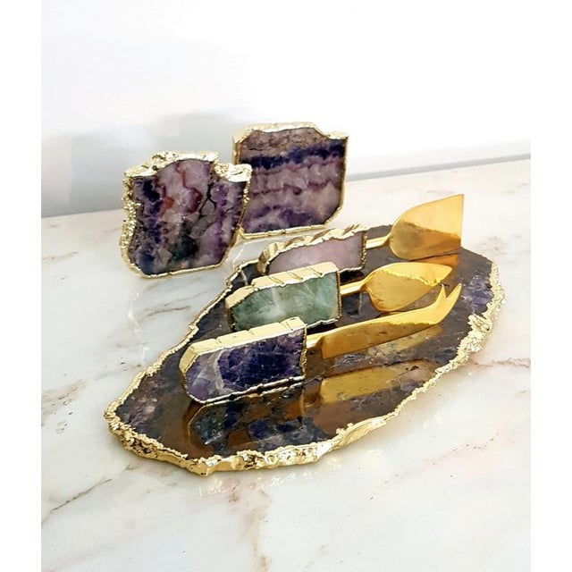 Gold Modernist Agate Cheese Board Set with Knives and Coasters, India, Set of 6 For Sale - Image 8 of 10