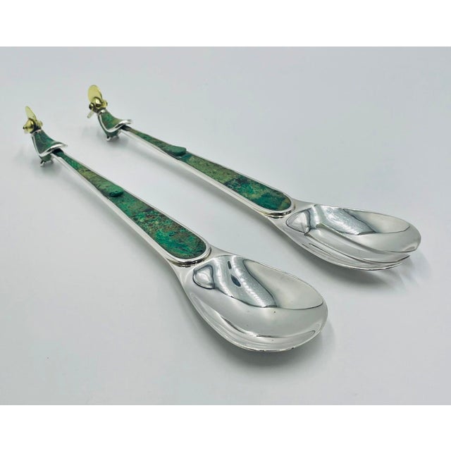 Los Castillo 1980s Emilia Castillo for Los Castillo Silver-Plated & Malachite Bird Serving Utensils For Sale - Image 4 of 15