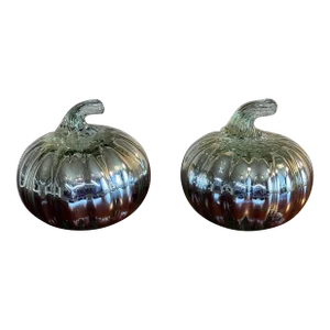 Late 20th Century Silver Hand Blown Mercury Glass Pumpkin Figurines, Mexico- Set of 2