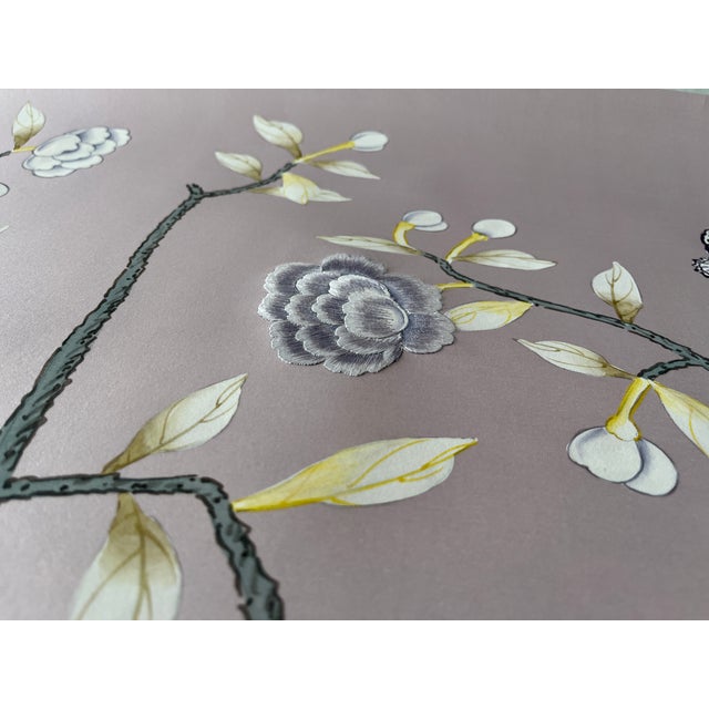 Not Yet Made - Made To Order Custom Hand-Painted Silk Chinoiserie Mural | Dusty Lavender Botanical Heron Wallpaper | Luxury Handcrafted Wall Covering For Sale - Image 5 of 6