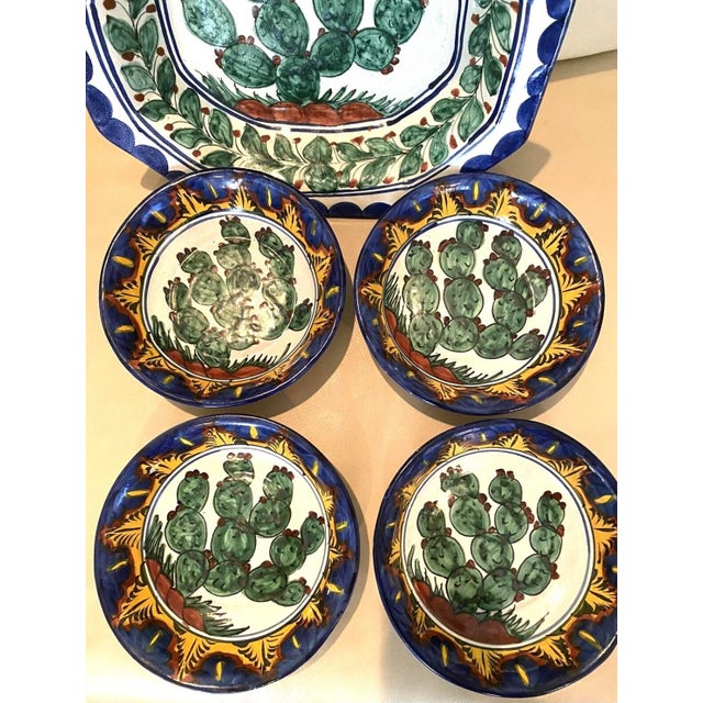 Mexican Vintage Cactus Design Talavera 5 Piece Bowl Set For Sale - Image 3 of 9