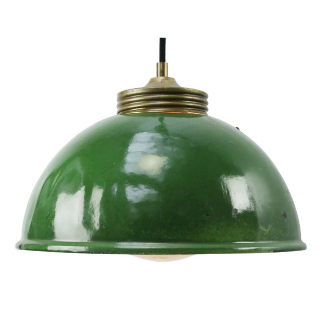Vintage Brass and Enamel Pendant Light with Frosted Glass For Sale