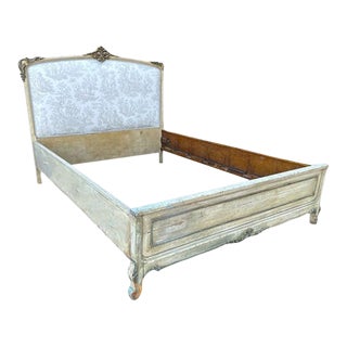 French Antique Louis XV Painted Walnut Full Size Bed Frame With New Toile Upholstery - Circa 1860 For Sale