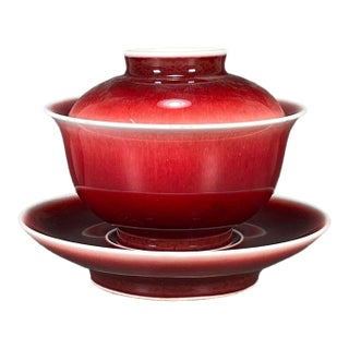 1990s Langyao Red Porcelain Gaiwan Tea Set, Ox‑Blood Red Glaze Teacup With Lid & Saucer For Sale