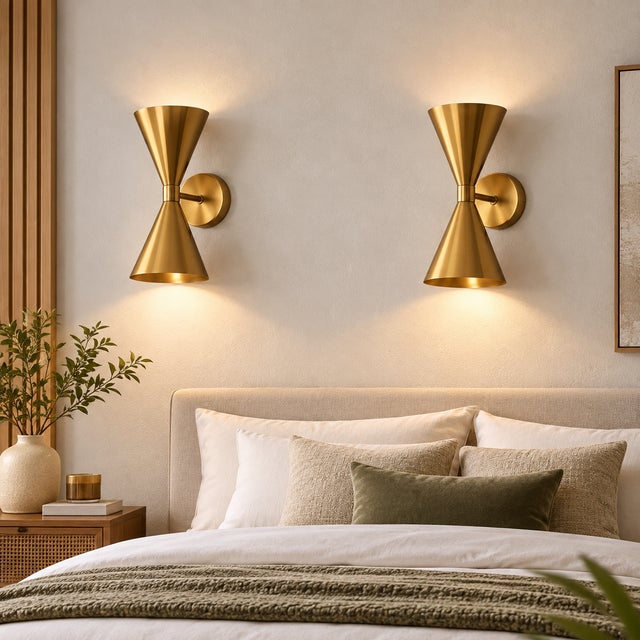 Handcrafted Brass Double-Cone Wall Sconces Sculptural Bedroom & Living Room Lighting - Set of 2 For Sale - Image 6 of 7