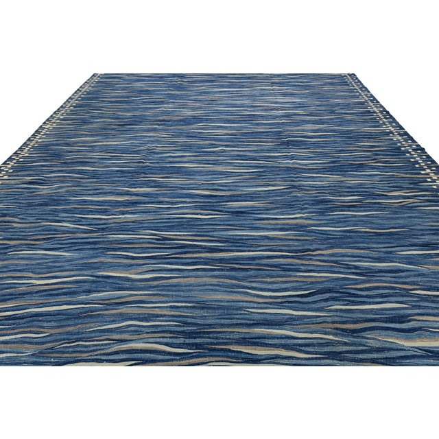 Contemporary Handmade Oceanic Blue Wave Kilim Wool Area Rug Luxury Flat-Weave For Sale - Image 12 of 12