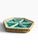 Striking vintage serving piece combining a handwoven rattan tray with six removable triangular ceramic inserts in a rich...