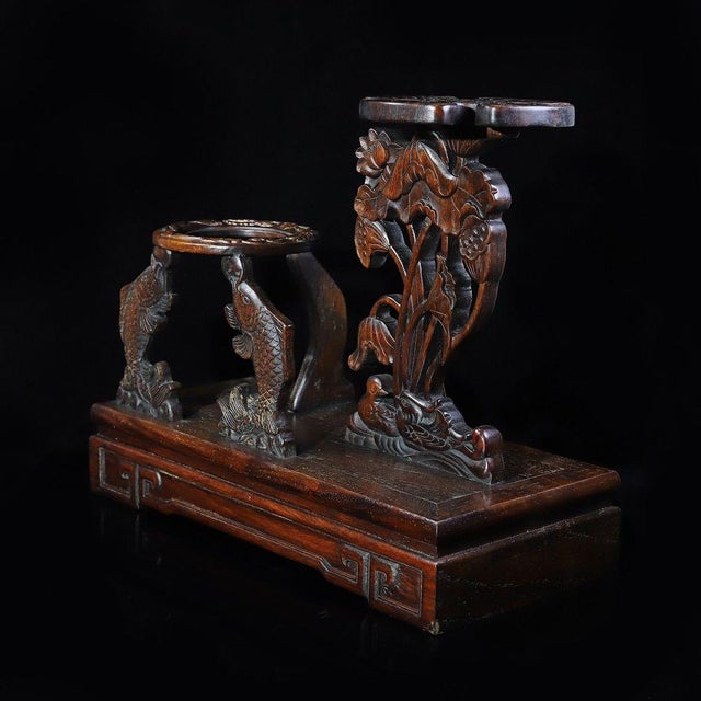 Huali Rosewood Carved Display Stand With Fish & Lotus Motif For Sale - Image 4 of 9