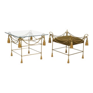 Hollywood Regency Italian Gilt Metal Tole Rope & Tassel Side Tables or Stools - Pair For Sale