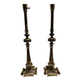 1960s Hollywood Regency Tall Brass Table Lamps Pair For Sale