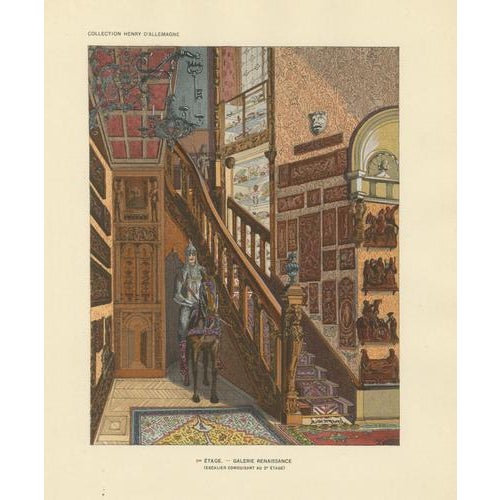 After Henry dAllemagne, Renaissance Stair Hall with Armored Knight Figure, 1900, Print For Sale - Image 4 of 10