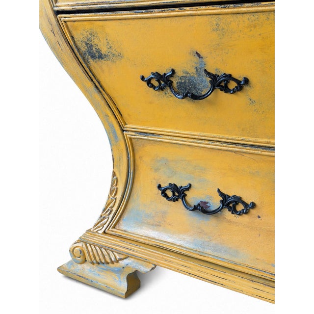 French Provincial Bombe Commode With Marble Top in Distressed Mustard Finish For Sale - Image 9 of 14