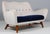 Scandinavian Cabinetmaker two seat sofa of blue and white mohair style fabric. Legs with carved out details. Made in the...