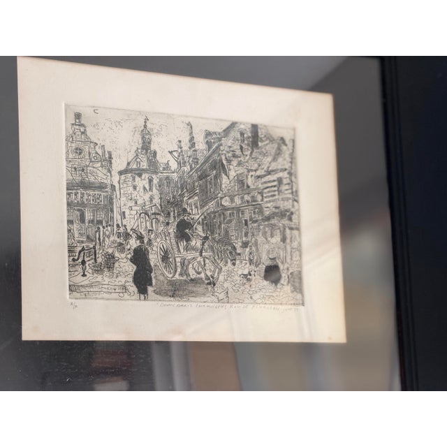 Original Signed Etching Art by Rouse Pinkston, 1975 European Street Scene, Custom Black Wood Framed For Sale - Image 4 of 11
