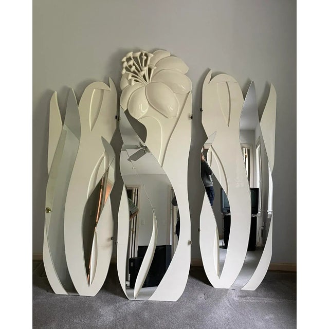 Art Deco 1980s Lacquer Mirror Floral Room Divider For Sale - Image 3 of 6