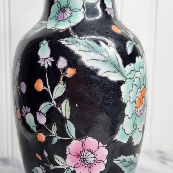 Black Vintage Famille Noire Black Floral Porcelain Chinoiserie Small Leviton Table Lamp Hong Kong For Sale - Image 8 of 13